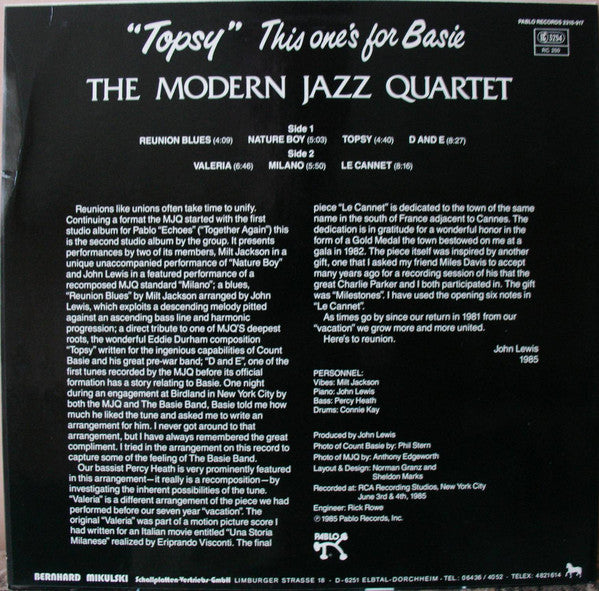 The Modern Jazz Quartet ~ "Topsy" This One's For Basie (Vinyl) - Djungel & Jazz