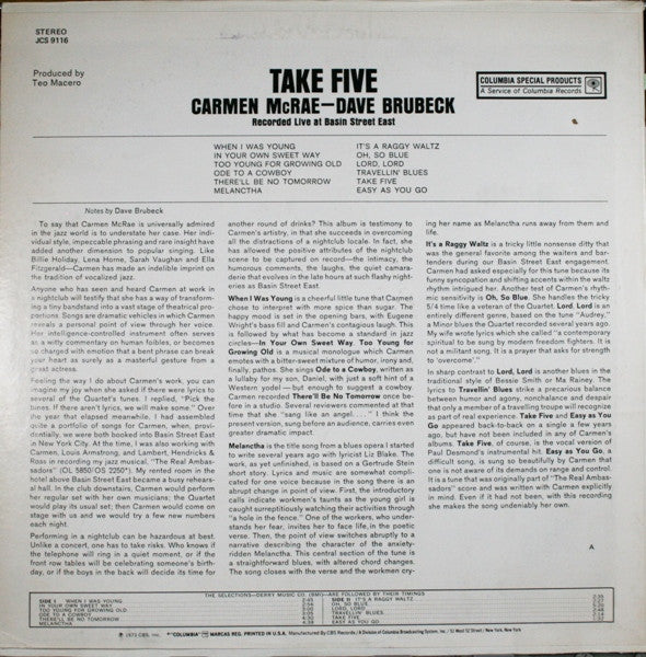 Carmen McRae - Dave Brubeck ~ Take Five (Recorded Live At Basin Street East) (Vinyl) - Djungel & Jazz