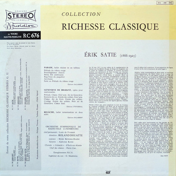 Erik Satie – Orchestre Symphonique De Radio-Télé Luxembourg, Roland Douatte ~ Parade / Geneviève De Brabant / Relâche (Vinyl) - Djungel & Jazz