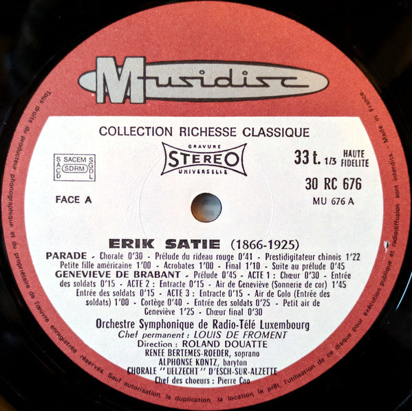 Erik Satie – Orchestre Symphonique De Radio-Télé Luxembourg, Roland Douatte ~ Parade / Geneviève De Brabant / Relâche (Vinyl) - Djungel & Jazz