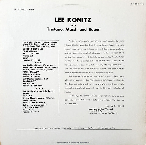 Lee Konitz With Tristano, Marsh & Bauer ~ Subconscious-Lee (Vinyl) - Djungel & Jazz