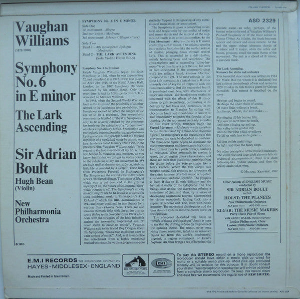 Sir Adrian Boult conducts Vaughan Williams, New Philharmonia Orchestra, Hugh Bean ~ Symphony No. 6 / The Lark Ascending (Vinyl) - Djungel & Jazz