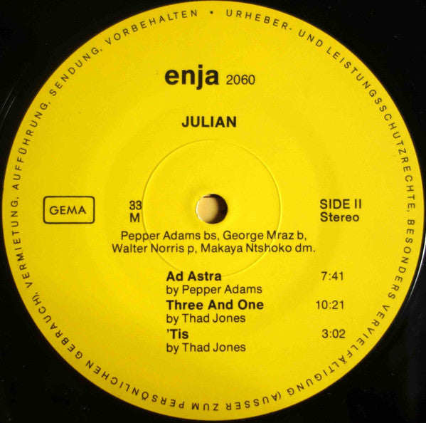 Pepper Adams ~ Julian (Vinyl) - Djungel & Jazz