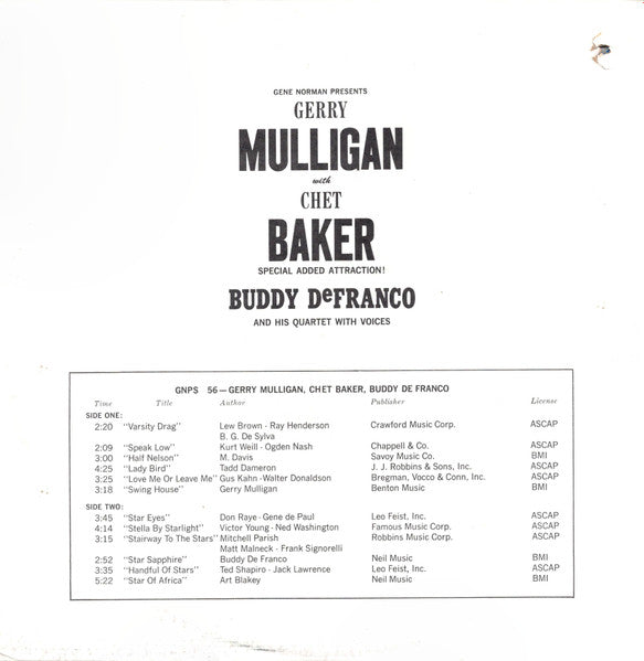 Gene Norman Presents Gerry Mulligan With Chet Baker Special Added Attraction! Buddy DeFranco And His Quartet With Voices ~ Gerry Mulligan Quartet / Buddy DeFranco Quartet (Vinyl) - Djungel & Jazz