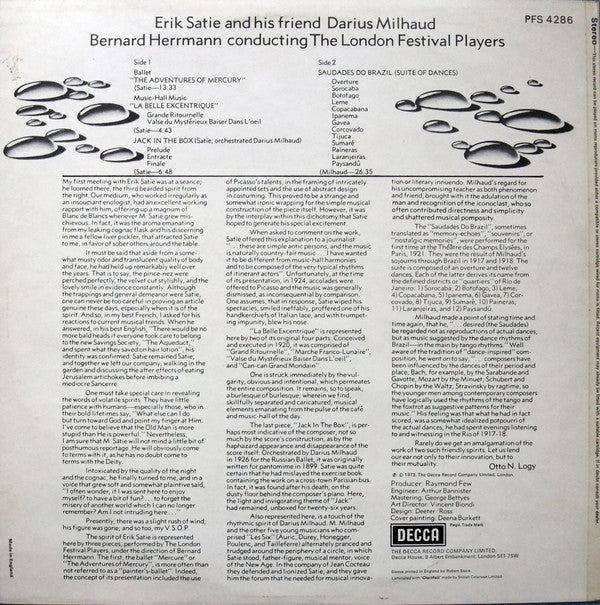 Erik Satie And His Friend Darius Milhaud, Bernard Herrmann Conducting The London Festival Players ~ Erik Satie And His Friend Darius Milhaud (Vinyl) - Djungel & Jazz