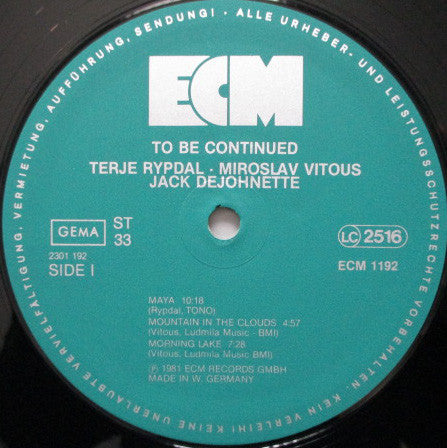 Terje Rypdal, Miroslav Vitous, Jack DeJohnette ~ To Be Continued (Vinyl) - Djungel & Jazz