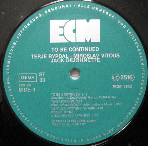 Terje Rypdal, Miroslav Vitous, Jack DeJohnette ~ To Be Continued (Vinyl) - Djungel & Jazz