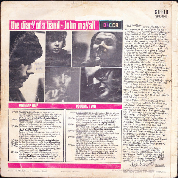 John Mayall's Bluesbreakers* : The Diary Of A Band Volume One (Selected Highspots From Sixty Hours Of Bluesbreakers Club Recordings 1967) (LP, Album)