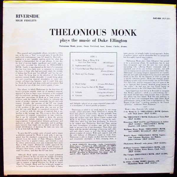 Thelonious Monk : Thelonious Monk Plays Duke Ellington (LP, Album, Mono, RE, Pit)