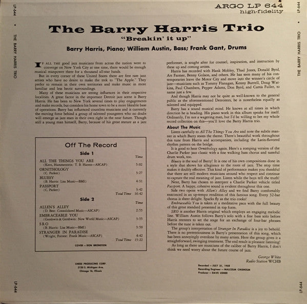 The Barry Harris Trio ~ Breakin' It Up (Vinyl) - Djungel & Jazz