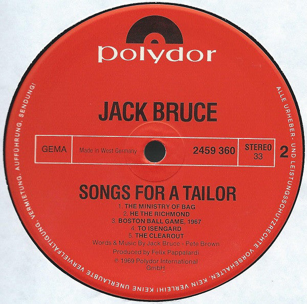 Jack Bruce Featuring Dick Heckstall-Smith, Jon Hiseman, Chris Spedding, Felix Pappalardi, John Marshall : Songs For A Tailor (LP, Album, RP)