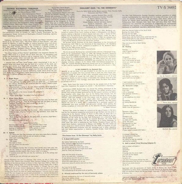 George Rochberg, Jan DeGaetani, Penn Contemporary Players, Richard Wernick / Shulamit Ran, Gloria Davy, New York Philomusica Chamber Ensemble, A. Robert Johnson ~ Tableaux / "O, The Chimneys" (Vinyl) - Djungel & Jazz
