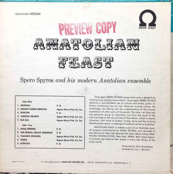 Spero Spyros And His Modern Anatolian Ensemble ~ Anatolian Feast (Vinyl) - Djungel & Jazz