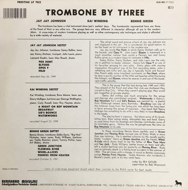 J.J. Johnson / Kai Winding / Benny Green ~ Trombone By Three (Vinyl) - Djungel & Jazz