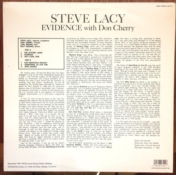 Steve Lacy with Don Cherry ~ Evidence (Vinyl) - Djungel & Jazz