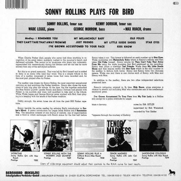 Sonny Rollins Quintet With Kenny Dorham And Max Roach : Rollins Plays For Bird (LP, Album, RE)