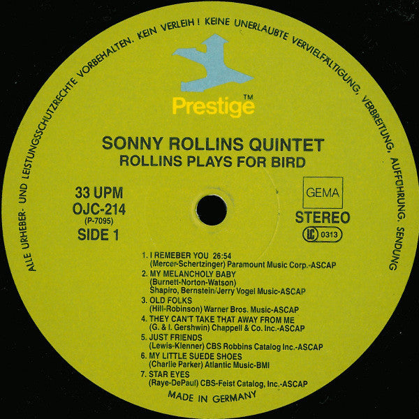 Sonny Rollins Quintet With Kenny Dorham And Max Roach : Rollins Plays For Bird (LP, Album, RE)