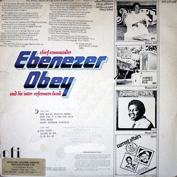 Chief Commander Ebenezer Obey & His Inter-Reformers Band ~ Eyi Yato (Vinyl) - Djungel & Jazz