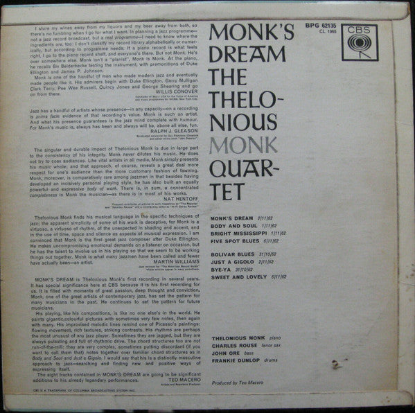 The Thelonious Monk Quartet ~ Monk's Dream (Vinyl) - Djungel & Jazz
