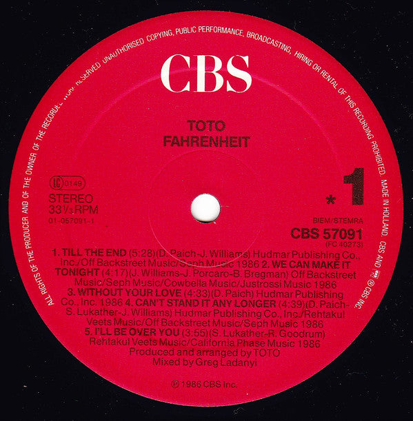 Toto ~ Fahrenheit (Vinyl) - Djungel & Jazz