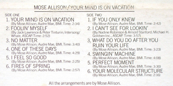 Mose Allison ~ Your Mind Is On Vacation (Vinyl) - Djungel & Jazz