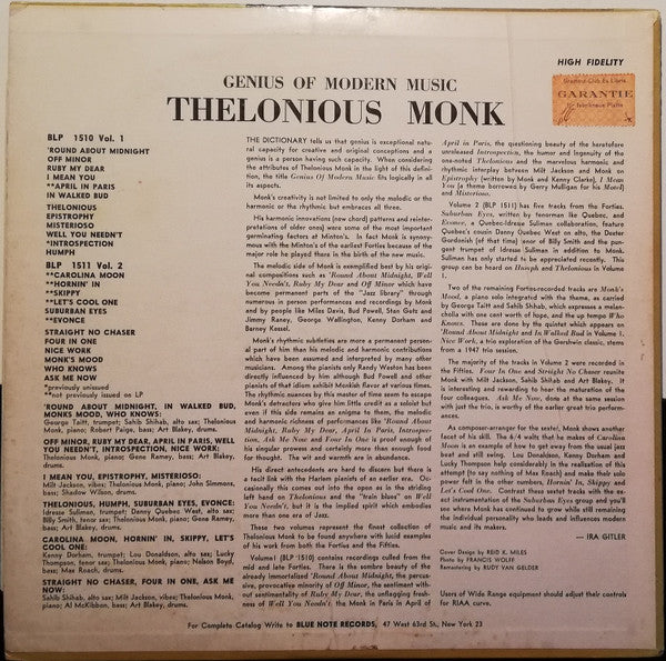 Thelonious Monk ~ Genius Of Modern Music Volume 1 (Vinyl) - Djungel & Jazz