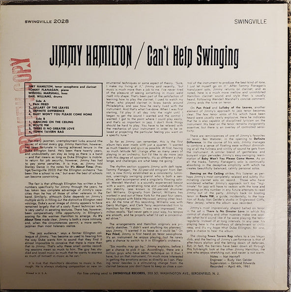 Jimmy Hamilton ~ Can't Help Swinging (Vinyl) - Djungel & Jazz