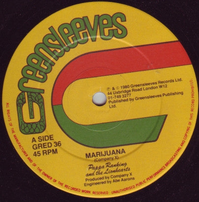 Pappa Ranking And The Lionhearts ~ Marijuana / Falling In Love (Vinyl) - Djungel & Jazz