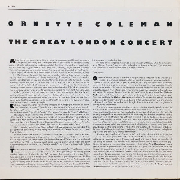 Ornette Coleman : The Great London Concert (2xLP, Album, RE)