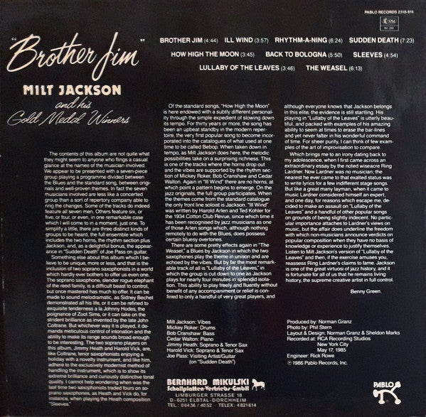 Milt Jackson And His Gold Medal Winners ~ Brother Jim (Vinyl) - Djungel & Jazz