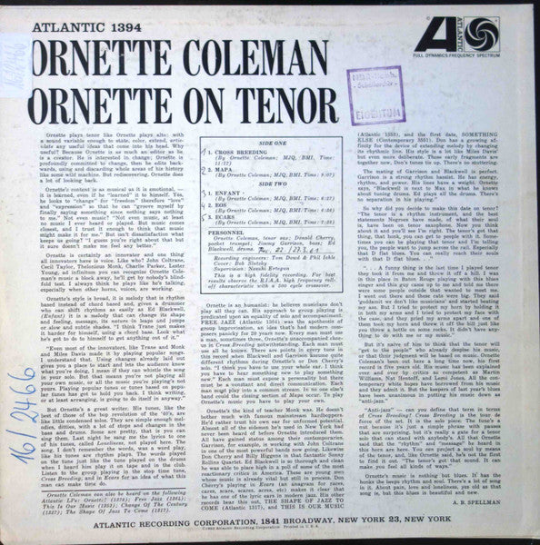 Ornette Coleman : Ornette On Tenor (LP, Album, Mono, DG)