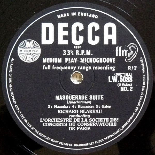 Khachaturian - Richard Blareau Conducting L'Orchestre De La Société Des Concerts Du Conservatoire De Paris ~ Masquerade Suite (Vinyl) - Djungel & Jazz