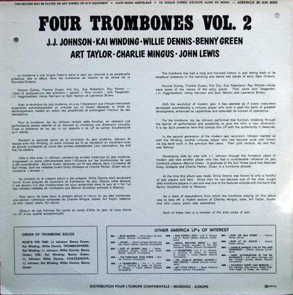 John Lewis - Charlie Mingus - J.J. Johnson - Kai Winding - Benny Green - Willie Dennis ~ Four Trombones Volume 2 (Vinyl) - Djungel & Jazz