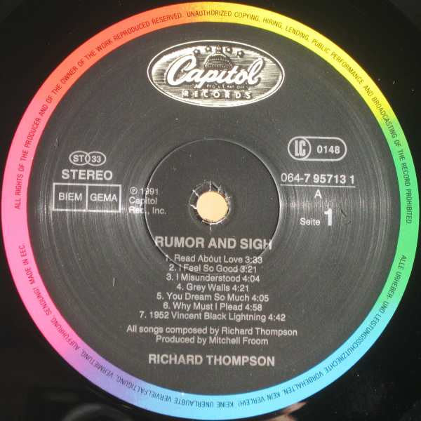Richard Thompson ~ Rumor And Sigh (Vinyl) - Djungel & Jazz