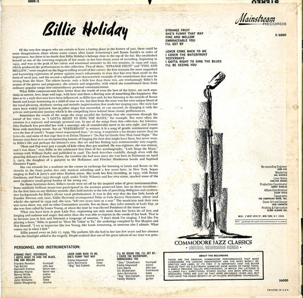 Billie Holiday : Billie Holiday (LP, Comp, Mono)