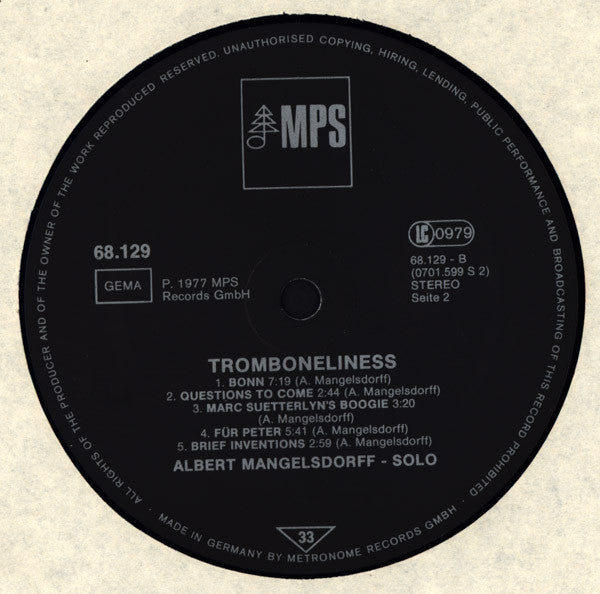 Albert Mangelsdorff ~ Tromboneliness (Vinyl) - Djungel & Jazz