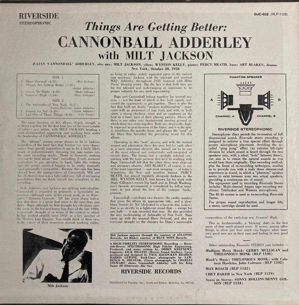 Cannonball Adderley with Milt Jackson ~ Things Are Getting Better (Vinyl) - Djungel & Jazz