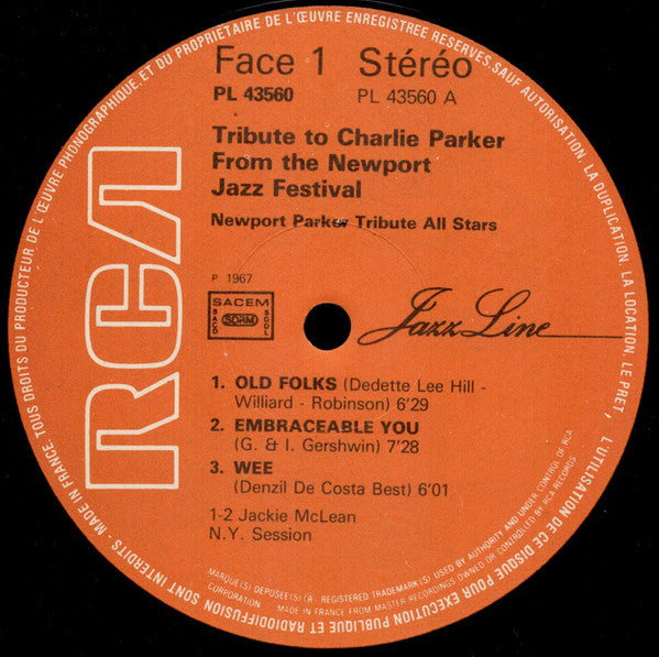 Newport Parker Tribute All Stars + Jackie McLean ~ Tribute To Charlie Parker From The Newport Jazz Festival + New York Session (Vinyl) - Djungel & Jazz