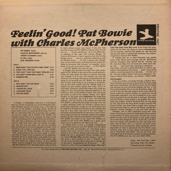 Pat Bowie With Charles McPherson, Tommy Flanagan, Al Hall, Osie Johnson : Feelin' Good! (LP, Album)