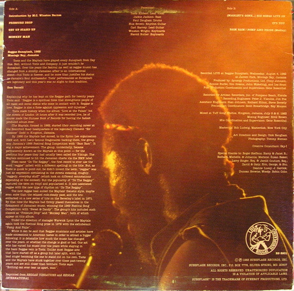 Toots & The Maytals : Live At Reggae Sunsplash (LP, Album)