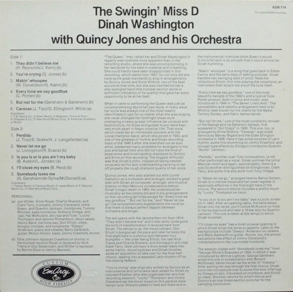 Dinah Washington & Quincy Jones And His Orchestra ~ The Swingin' Miss "D" (Vinyl) - Djungel & Jazz