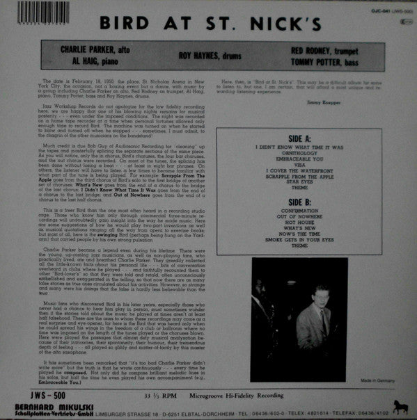 Charlie Parker ~ Bird At St. Nick's (Vinyl) - Djungel & Jazz