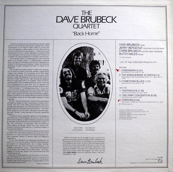 The Dave Brubeck Quartet ~ Back Home (Vinyl) - Djungel & Jazz