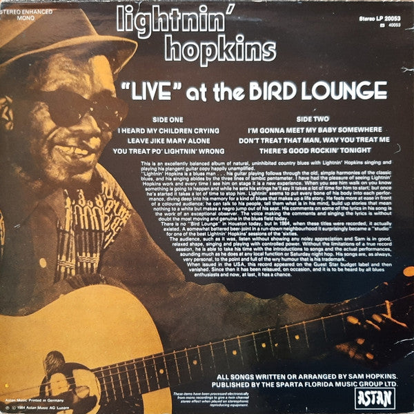 Lightnin' Hopkins : Live At The Bird Lounge (LP, Album, RE)