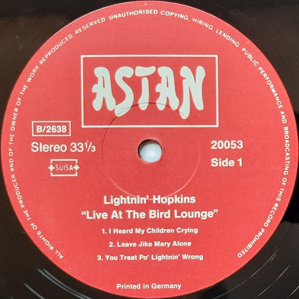 Lightnin' Hopkins : Live At The Bird Lounge (LP, Album, RE)
