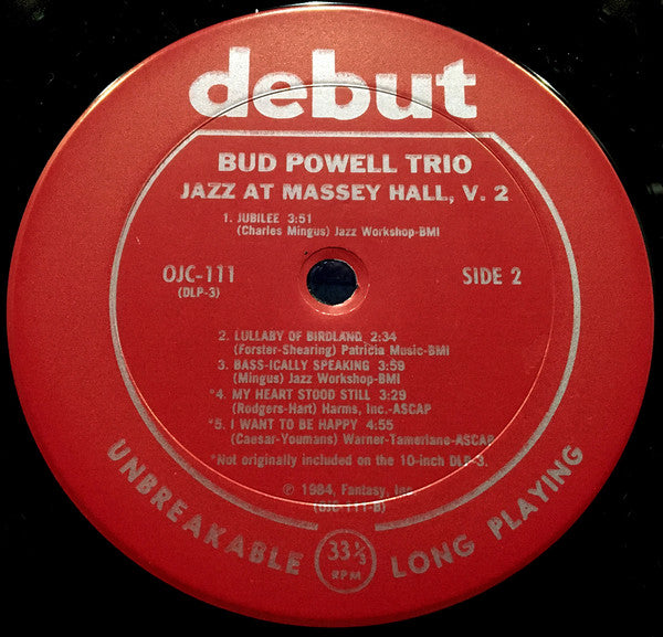 Bud Powell Trio* : Jazz At Massey Hall Volume Two (LP, Album, Mono, RE, Pit)