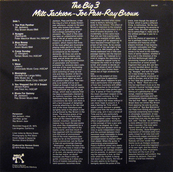 Milt Jackson - Joe Pass - Ray Brown ~ The Big 3 (Vinyl) - Djungel & Jazz