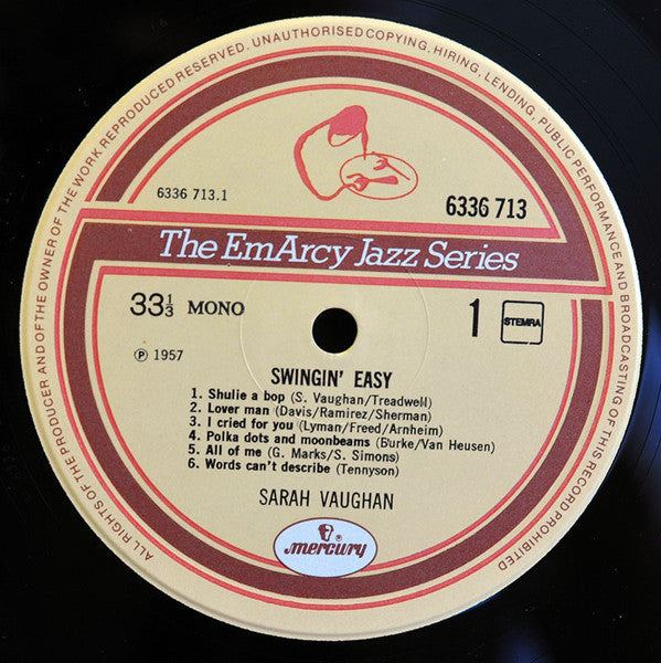Sarah Vaughan And Her Trio ~ Swingin' Easy (Vinyl) - Djungel & Jazz