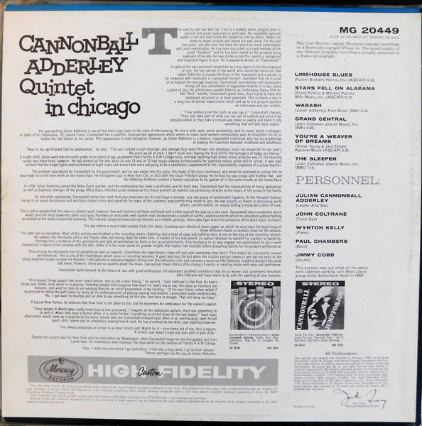 The Cannonball Adderley Quintet : Cannonball Adderley Quintet In Chicago (LP, Album, Mono)