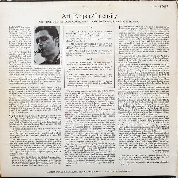 Art Pepper : Intensity (LP, Album, RE, RP)